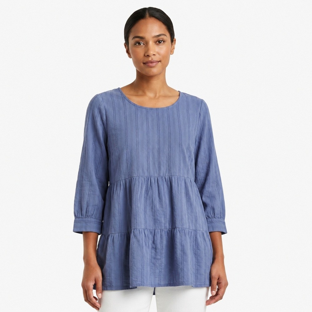 J. Jill Tiered Dobby Stripe Top Dusty Blue Boho Relaxed 100% Cotton Size S
